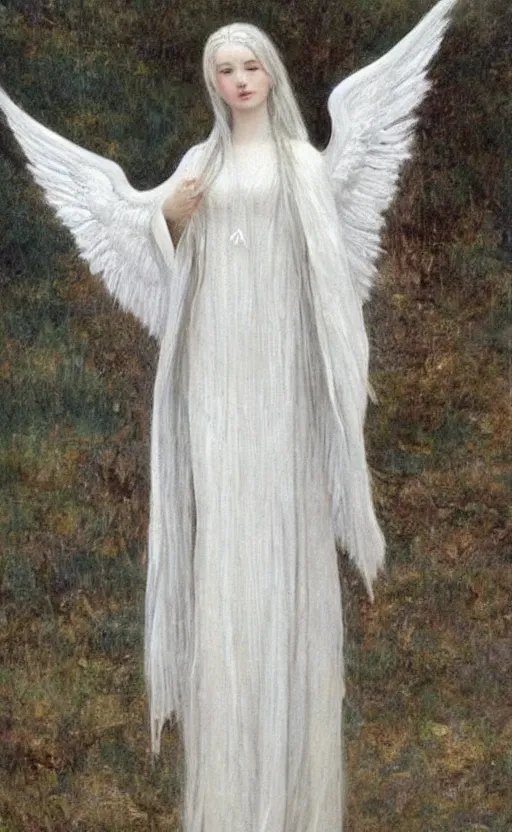 Prompt: say who is this with silver hair so pale and wan! and thin!? female angel, wearing white robes flowing hair, pale fair skin, white dress!! silver hair, covered!!, clothed!! lucien levy - dhurmer, fernand keller, oil on canvas, 1 8 9 6, 4 k resolution, aesthetic!, mystery