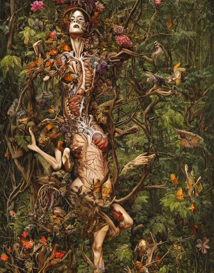 Prompt: an anatomical oil painting of a forest goddess from a medical journal by Nychos and Michael Sowa, highly detailed, high detail, 8k, flowers, butterflies, birds