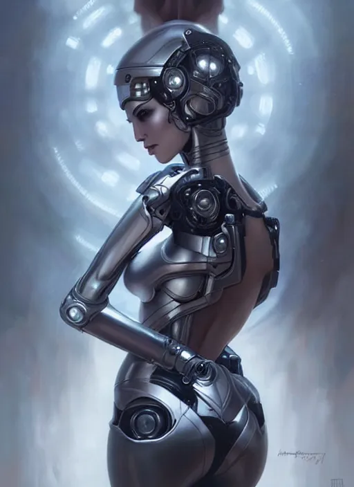 Image similar to a hauntingly beautiful cybernetic woman, painted by artgerm and tom bagshaw, fantasy art, dramatic lighting, highly detailed oil painting