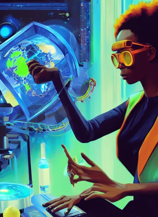 Image similar to afro - futurist scientist, computers and holograms, hacking the metaverse | hyperrealistic oil painting | by makoto shinkai, ilya kuvshinov, lois van baarle, rossdraws, basquiat | afrofuturism, in the style of hearthstone, trending on artstation | dark color scheme