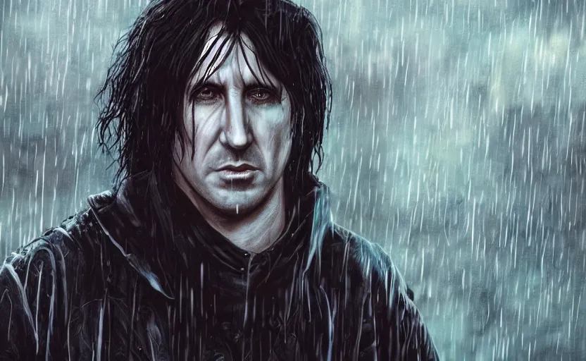 Image similar to an epic fantasy comic book style portrait painting of very beautiful imposing industrial goth trent reznor as snape with wet hair in the rain, neon reflections, character design by mark ryden and pixar and hayao miyazaki, unreal 5, daz, hyperrealistic, octane render, cosplay, rpg portrait, dynamic lighting, intricate detail, cinematic