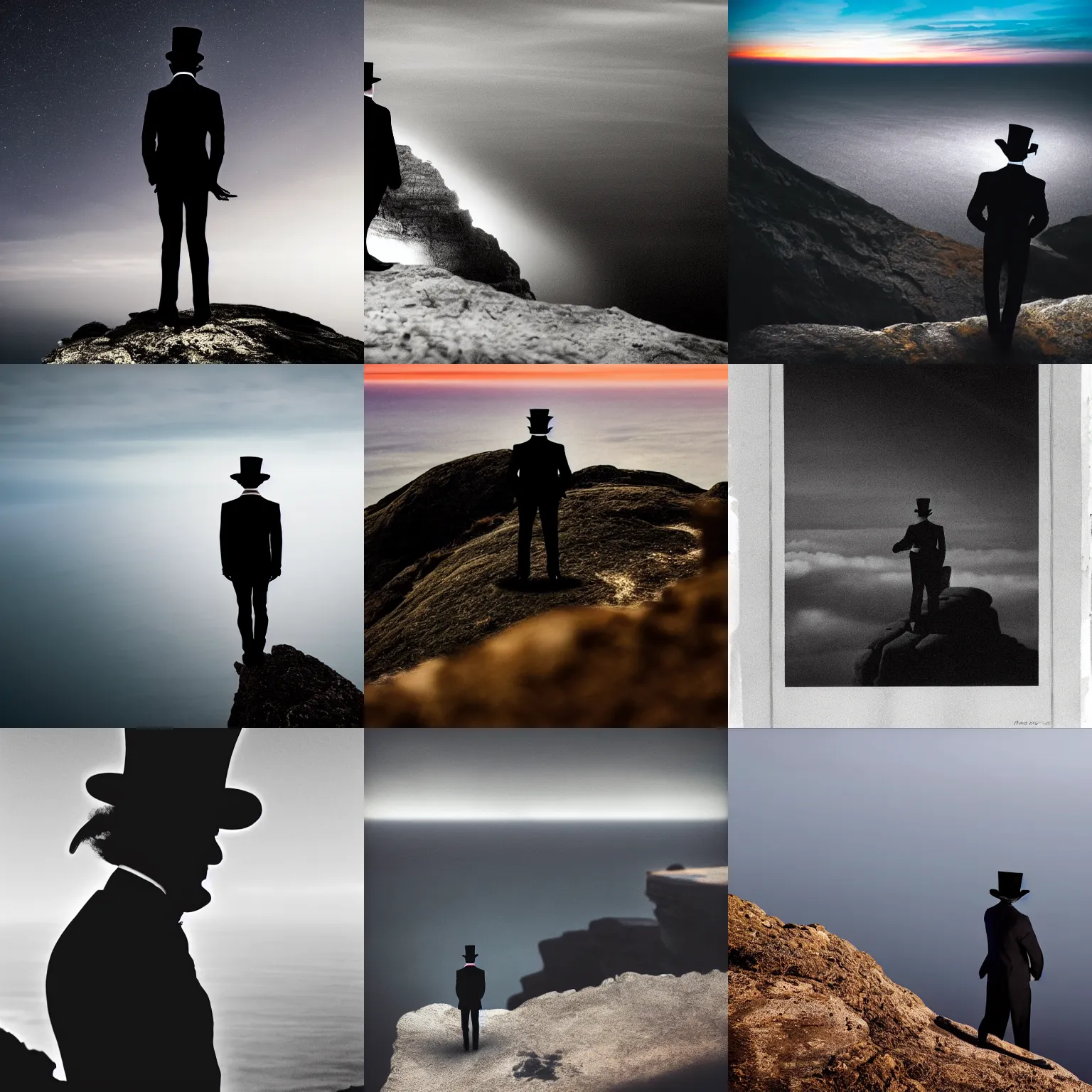 Prompt: a silhouette of a man costumed in top hat and silk tailcoat looking at the horizon from the top of a cliff, far away, atmospheric depth, light painting