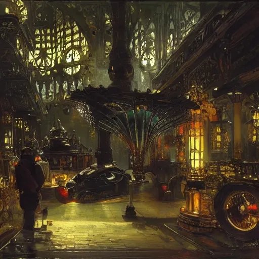 Image similar to painting of syd mead artlilery scifi fish tank with ornate metal work lands on a sidewalk, filigree ornaments, volumetric lights, andreas achenbach