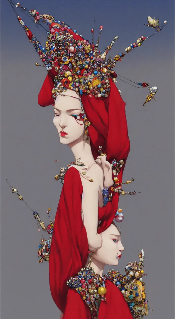 Image similar to a female character design wearing high fashion, beads hanging over her face like an alexander mcqueen headdress, haute couture, dior, and a red cape by kawase hasui, moebius, edward hopper and james gilleard, zdzislaw beksinski, steven outram colorful, hd, 8 k, artstation, high quality, ultra detailed