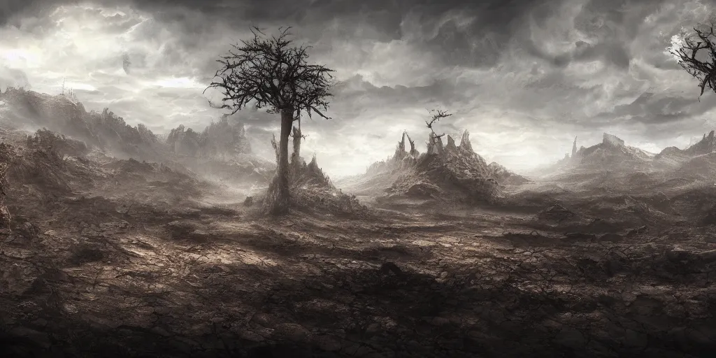 Image similar to barren landscape, apocalyptic fantasy, mmo, digital art, 4 k