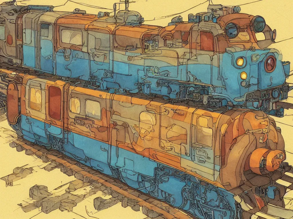 Image similar to cross - section close - up sideview of a anime train, autumn light, colorful, nausicaa of the valley of the wind, beautiful, by studio ghibli, digital art, concept art, manga, cute and adorable, illustration
