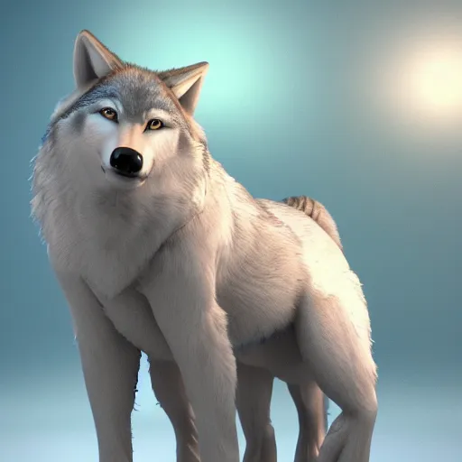 Image similar to 3 d render, well toned, large and tall, female, anthropomorphic wolf with a short snout, furless, blue scales with white spots, icey blue dress, blue scales covering her chest.