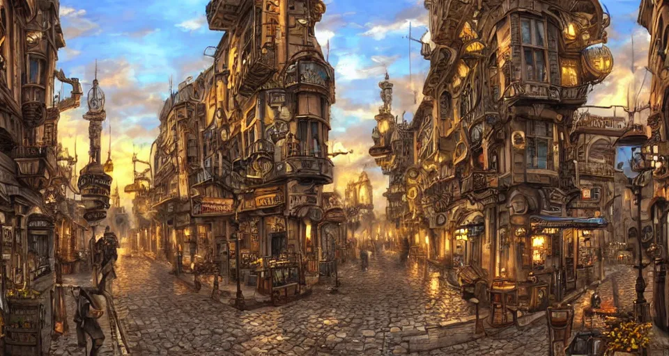 Image similar to steampunk city streets by guido borelli da caluso, trending on artstation