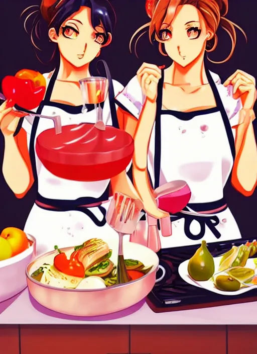 Image similar to two beautiful housewives in the kitchen on a hot summer evening, gorgeous faces, thick lines, cinematic lighting, detailed anime art