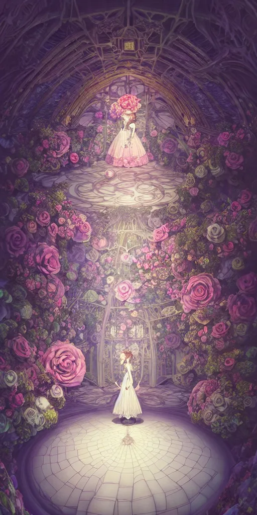 Image similar to the beautiful hyperdetailed physical rendering of a rose wedding gothic lolita dress clothing design display in exhibition hall, exhibition hall lighting, in the style of makoto shinkai victo ngai and peter mohrbacher studio ghibli artgerm karol bak beeple, surrealistic style, 8 k hd, 3 drender