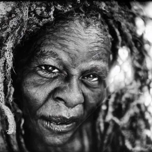 Image similar to old afro woman in the woods, close - up photograph, by sally mann