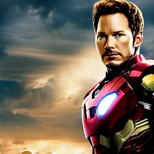 Prompt: promotional image of Chris pratt as Iron Man in Iron Man（2008）, he wears Iron Man armor without his face, movie still frame, promotional image, imax 70 mm footage