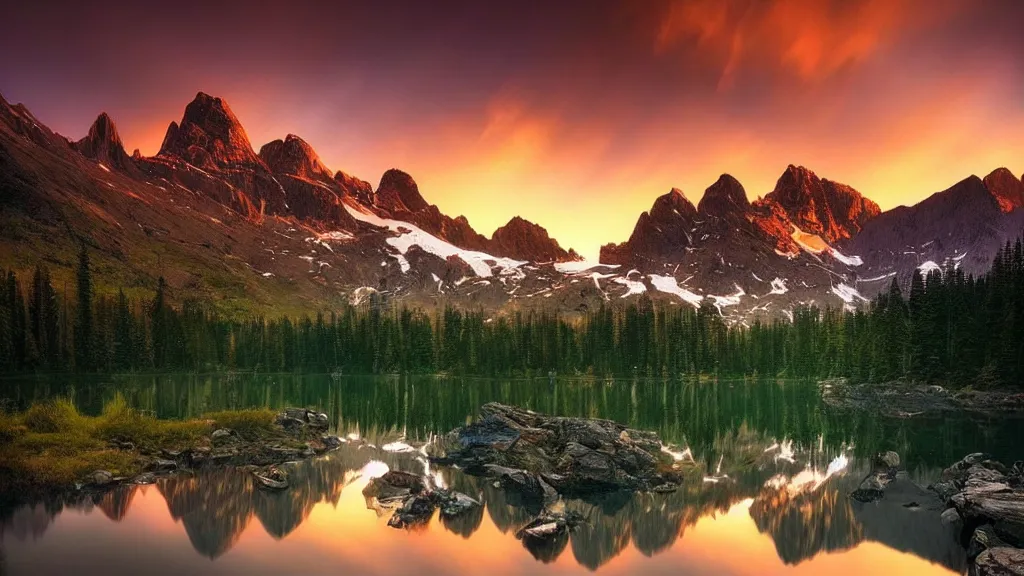 Image similar to amazing landscape photo of mountains with lake in sunset by marc adamus, beautiful dramatic lighting