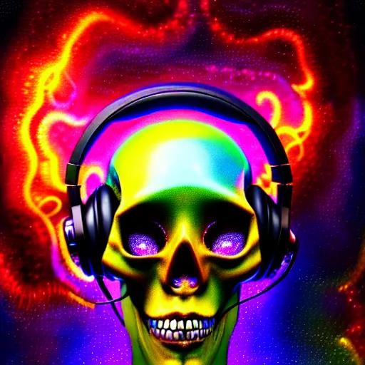 Image similar to portrait of a fantasycore glitchcore deformed skull wearing headphones. intricate abstract. intricate artwork. celestial. prismatic, by josephine wall, pixar, ghibli. octane render, CGSociety very coherent symmetrical artwork. cinematic, hyper realism, high detail, octane render, 8k, holographic accents