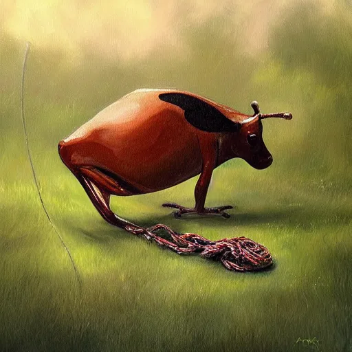 Image similar to a beautiful painting of singular frog graze a cow on a rope, trending on artstation