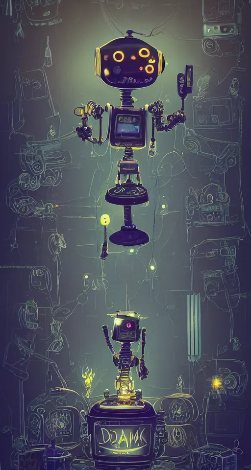 Image similar to a beautiful tapestry of a dream, a robot standing, ultra detailed, dark, steampunk, moody, candles, neon signs, infographic, characters from machinarium, by don bluth, trending on artstation, octane render