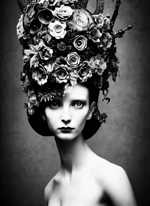 Image similar to a black and white high quality dreamy photo of a young beautiful female queen-pale dragon-vegetal-many big steampunk flowers-cyborg bust with a very long neck, elegant, highly detailed, poetic, soft, dreamy, mysterious, high fashion, in the style of Diane Arbus, Realistic, Refined, Digital Art, Highly Detailed, Cinematic Lighting, rim light, black and white, photo-realistic, 8K