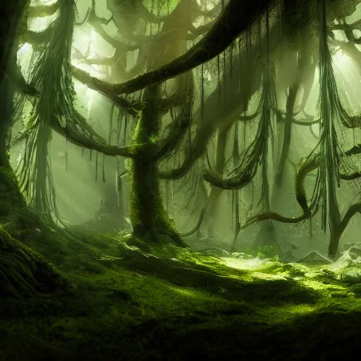 Prompt: underground forest, below the ancient trees, roots from ceiling, god rays revealing dusty environment, trickling water from moss covered walls, concept art, wide shot, widescreen, epic, moody lighting, artstation