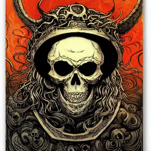 Image similar to portrait of skull with viking helmet and glowing eyes by rebecca guay, yoshitaka amano