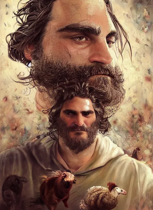 Prompt: a hyper detailed painting of joaquin phoenix surrounded by animals, cow horns, pig nose, sheep wool, chicken feather, horror, by anna podedworna, by miklos ligeti, by diego maricato, by taran fiddler, by antonino truisi, by chris reddie, by jinsung lim, trending on artstation