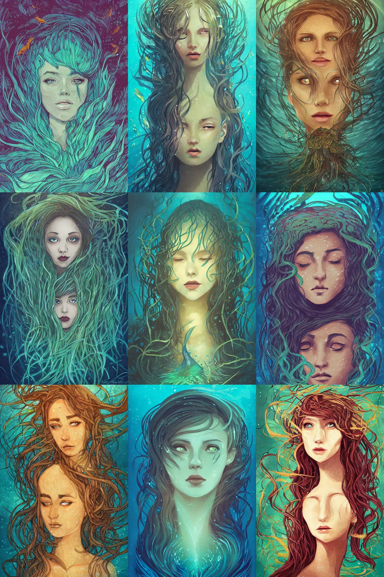 Image similar to head portrait illustration of a mermaid under the sea, surrounded by kelp, art by Anato Finnstark