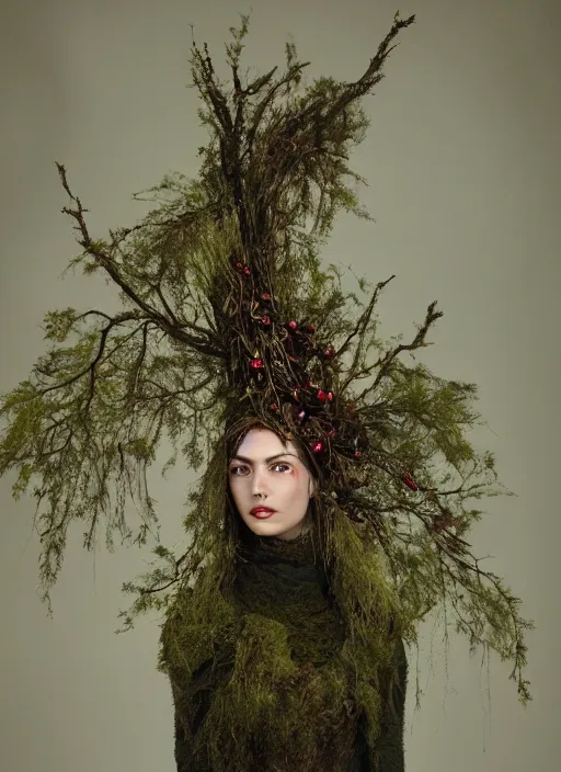 Prompt: a photo of a female model, organic headpiece, ornamental, red cherries, dried fern, dried vines, horn, dried moss, fashion photography, realistic, hyperdetails, dark grey backdrop studio, body draped in moss, costume made of tree bark and moss, skin painted with green