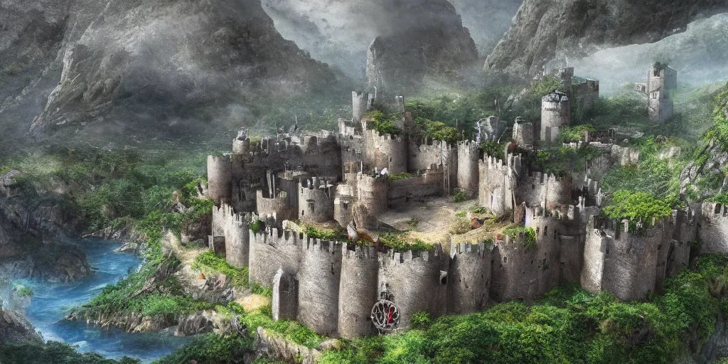 Image similar to a hyper realistic professional photographic view picture of a medieval fortress on the side of a mountain on the edge of a jungle photographic filter unreal engine 5 realistic hyperdetailed 8k ultradetail cinematic concept art volumetric lighting, fantasy artwork, very beautiful scenery, very realistic painting effect, hd, hdr, cinematic 4k wallpaper, 8k, ultra detailed, high resolution, artstation trending on artstation in the style of Albert Dros glowing rich colors powerful imagery nasa footage drone footage drone photography