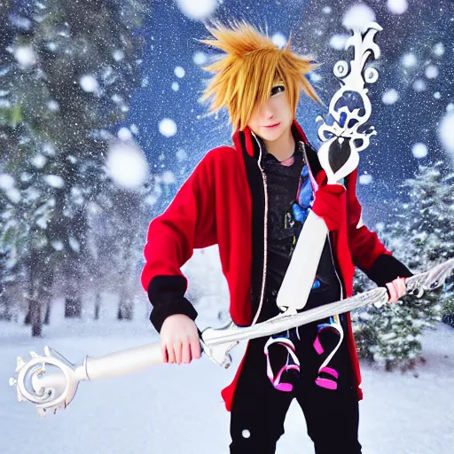 Image similar to of sora cosplay holding keyblade with snow background 85mm