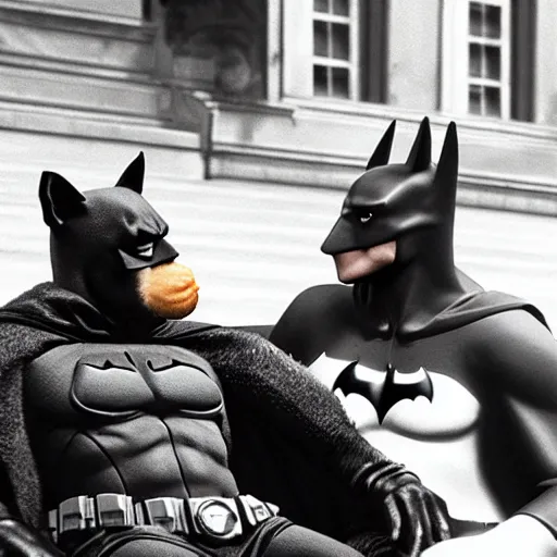 Image similar to batman and alf smoking a cigarette sitting on a green park bench, ultra realistic photo, 8 k resolution, movie escene, 3 5 mm, lens real depth