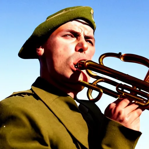 Image similar to A gypsy paratrooper with rifle blowing his trumpet