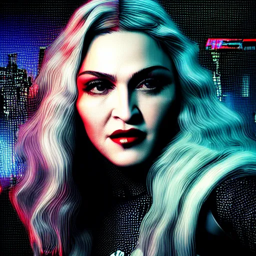 Prompt: madonna portrait, Cyberpunk 2077, photorealistic, ultra detailed, cybernetic head, neon, octane, bokeh, cyber, cyber style, feature, scars, cyberface, 8k