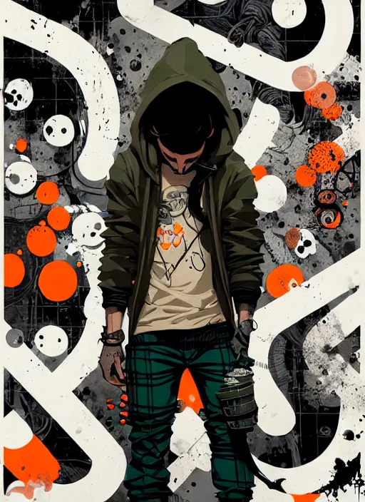 Image similar to highly detailed portrait of a sewer punk ricardo milos, tartan hoody, ringlet hair by atey ghailan, by greg rutkowski, by greg tocchini, by james gilleard, by joe fenton, by kaethe butcher, gradient orange, black, cream and white color scheme, grunge aesthetic!!! ( ( graffiti tag wall background ) )