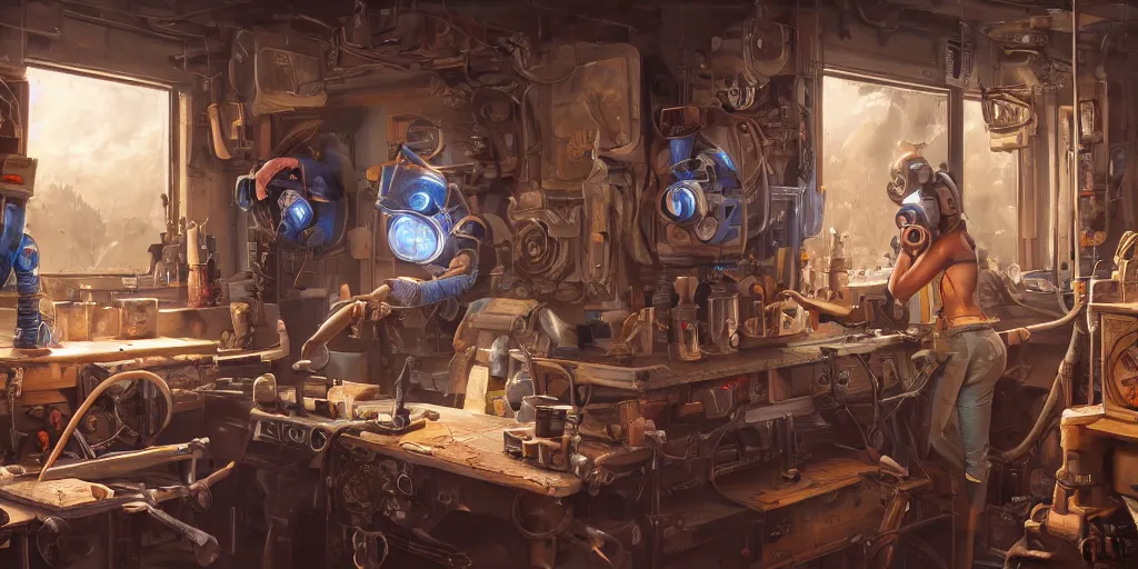 Image similar to highly detailed portrait painting of welder and angelina joile posing, mono eye window, workbench, symmetrical perfect eyes, by eddie mendoza and tyler edlin, 8 k resolution