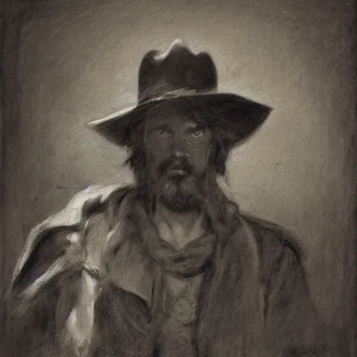 Prompt: portrait of a young action hero cowboy monster hunter, by alfred stevens in charcoal