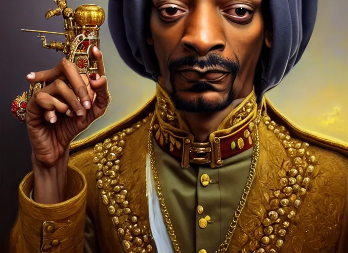 Image similar to snoop dog dressed as napoleon, intricate, elegant, highly detailed, centered, digital painting, artstation, concept art, smooth, sharp focus, illustration, artgerm, tomasz alen kopera, peter mohrbacher, donato giancola, joseph christian leyendecker, wlop, boris vallejo