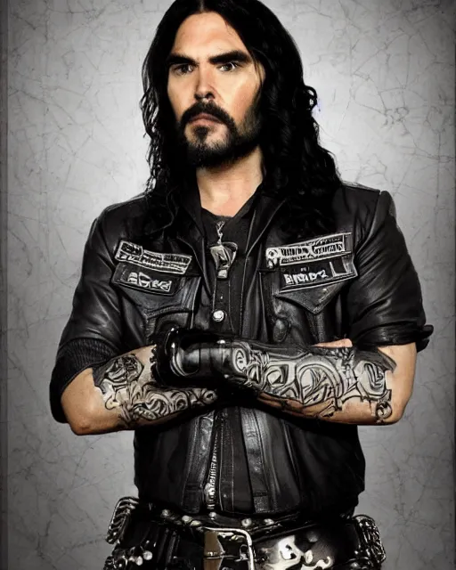 Prompt: Russel Brand in sons of anarchy tv show, wearing leather, D&D style , highly detailed, digital art, trending on artstation, smooth, sharp focus, illustration, art by artgem and ROBERT HYNES