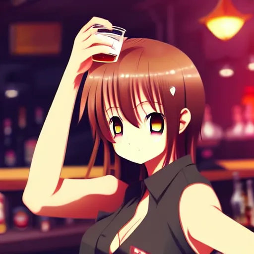 Prompt: Wholesome and masculine looking anime girl at a bar drinking a beer, warm glow from the lights, angle that looks up at her from below, deviantart, pixiv, detailed face, smug appearance, beautiful anime, obviously drunk with reddish cheeks, detailed anime eyes with pupils, in the style of 90s anime