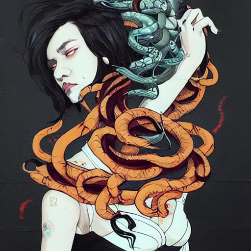 Prompt: The mix of Gorgon and Venom picture by Sachin Teng, asymmetrical, dark vibes, Realistic Painting , Organic painting, Matte Painting, geometric shapes, hard edges, graffiti, street art:2 by Sachin Teng:4