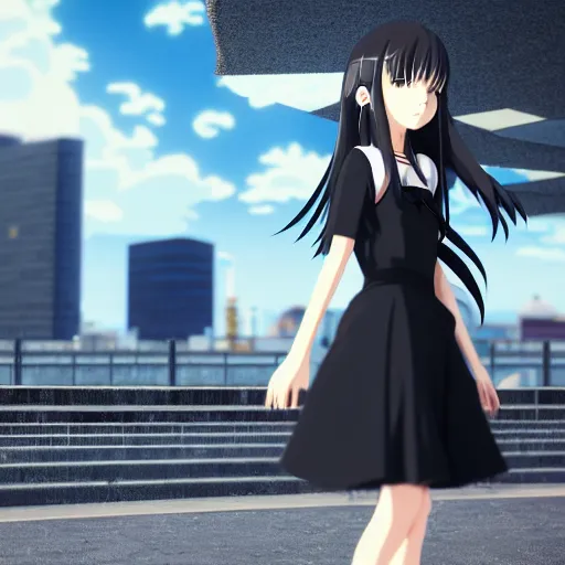 Prompt: anime girl with long brown hair blue tired eyes with eyeliner wearing a black dress, tokyo city background, by hayao miyazaki, trending on artstation, octane render, unreal engine
