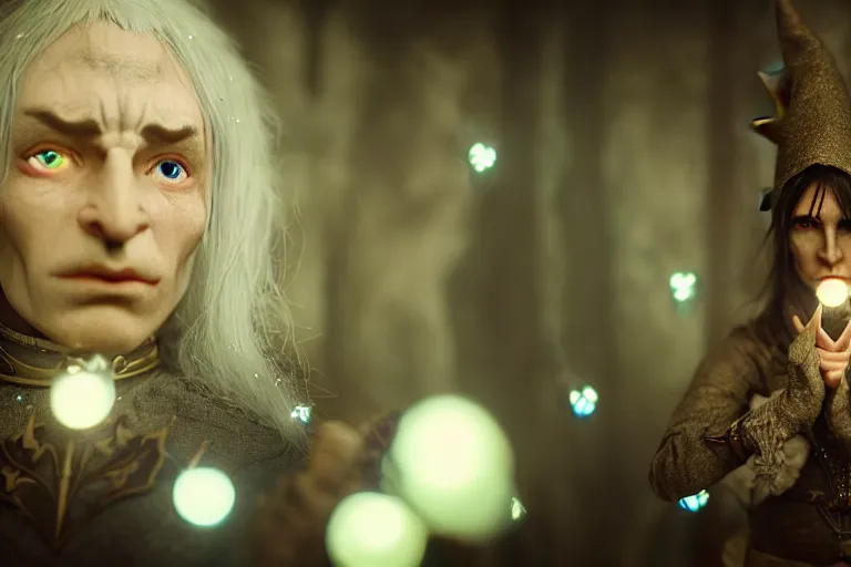 Prompt: an ultra realistic, cinematic, fantasy, portrait, of an evil blue skinned elf, elden ring, fairy lights, facial features, stood in a supermarket, with victorian clothing, detailed, deep focus, movie still, dramatic lighting, ray tracing, by michal karcz and yoshitaka amano