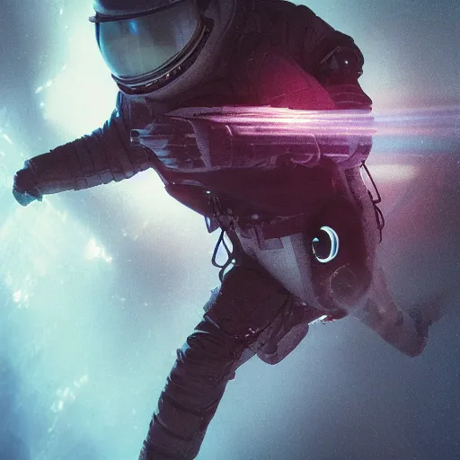 Image similar to concept art by craig mullins diver astronaut in underwater futuristic dark and empty spaceship. infrared complex and hyperdetailed technical suit design. helmet with a red visor. reflection and dispersion materials rays and dispersion of light breaking through the deep water. 5 0 mm, f / 3 2. noise film photo. flash photography. trend artstation