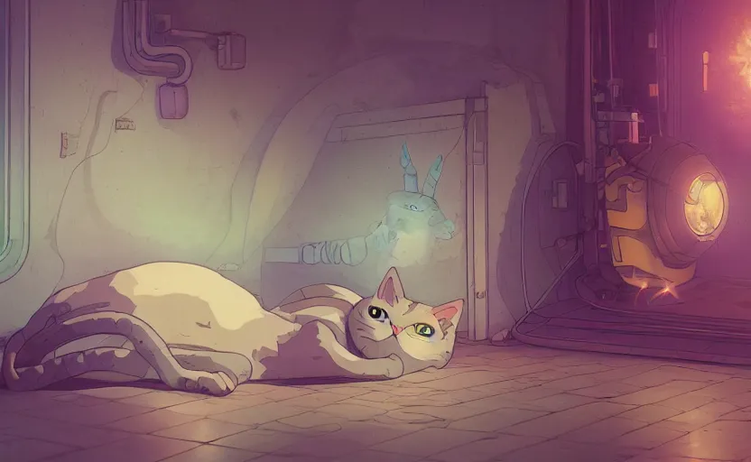 Image similar to an alien cat sleeping in a alleyway in a space opera utopian studio ghibli animated film, highly accurate cat, volumetric lighting, octane render by artgerm, alphonse mucha, loish, alena aenami, highly detailed