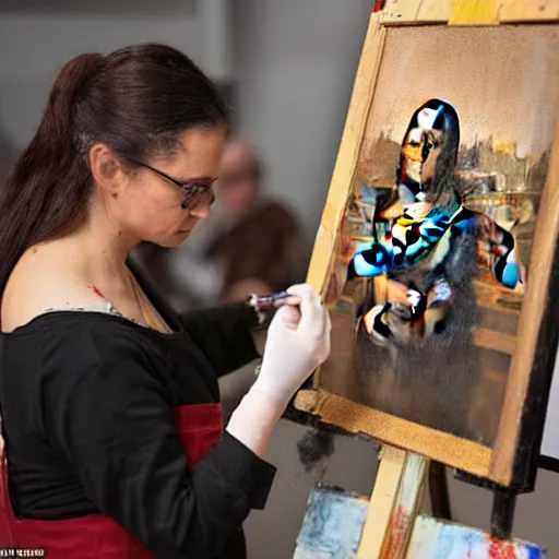 Image similar to A woman that looks like Mona Lisa is painting a portrait of Lenoardo da Vinci in a workshop