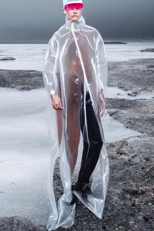 Image similar to an ultra high definition professional high fashion portrait studio full length photograph of a model wearing a transparent pearlescent raincoat and neon visor in an icelandic black rock environment at dawn. no artefacts. extremely detailed. stark. refraction. shallow depth of field. volumetric light and shadow. ray tracing. light rays.