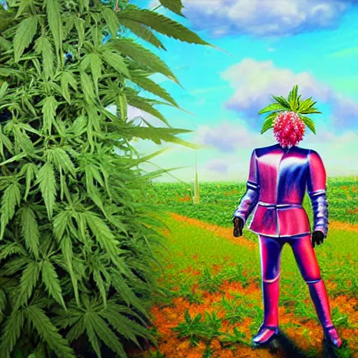 Image similar to a high detailed oil painting of knight holding a cannabis leaf in a field of cannabis plants. vaporwave. colorful. trending on artstation