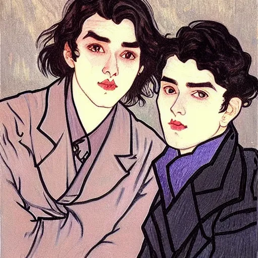 Prompt: painting of young cute handsome beautiful dark medium wavy hair man in his 2 0 s named shadow taehyung and cute handsome beautiful min - jun together at the halloween! party, ghostly, candles!, ghosts, autumn! colors, elegant, wearing suits!, clothes!, delicate facial features, art by alphonse mucha, vincent van gogh, egon schiele