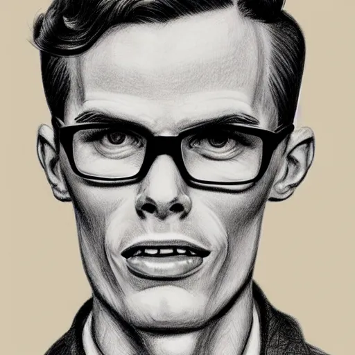 Image similar to A 1950s Style Comic-Like Drawing of iDubbbz, grainy, realistic, hyperrealistic, very realistic, very very realistic, highly detailed, very detailed, extremely detailed, detailed, digital art, trending on artstation, detailed face, very detailed face, very detailed face, realism, HD Quality, 8k resolution, intricate details, body and head in frame, drawing, inked drawing, comic drawing, neat drawing, 1950s, 50s, in the style of Frank Hampson, in the style of Frank Bellamy, in the style of Dave Gibbons, in the style of Don Lawrence, in the style of Wally Wood