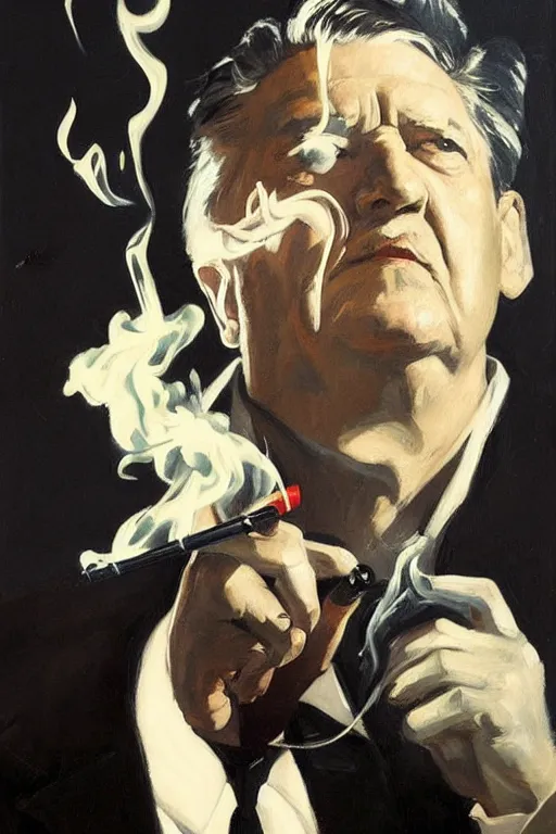 Prompt: david lynch smoking cigarette, billowing smoke, painting by jc leyendecker!! phil hale!, angular, brush strokes, painterly, vintage, crisp