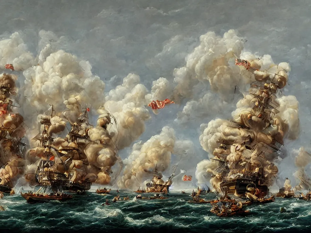 Image similar to An oil painting of a naval battle with cannons, highly detailed, intricate, 4k, masterpiece