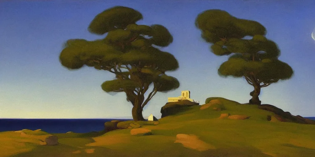 Prompt: a beautiful landscape painting of a rocky outcrop on the coast with a tree next to a house, night time moonlight, by edward hopper, oil on canvas, highly detailed, hd, 4 k
